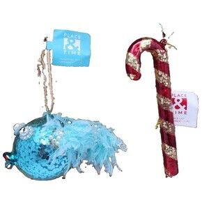 Place & Time Christmas Ornaments Lot of 2 Blue Fish Candy Cane Nautical Noel